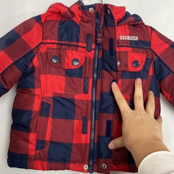 𝅺oshkosh B'gosh 18M Navy Blue and Red Flannel Fleece Lined Winter Jacket - Picture 9 of 17